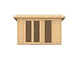 Woodtex Holz Gartenhaus Homeoffice Karvo 2 | Wandstärke 28 mm | Naturbelassen | B x T x H: 405,8 x 304,8 x 228,7 cm | Inkl. Ganzglastür & 2 Fenster