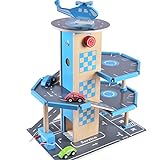 B&Julian Holz Parkhaus Garage 3 Etagen mit Aufzug 4 Autos und Hubschrauber Zubehör Spielzeug für Kinder ab 3